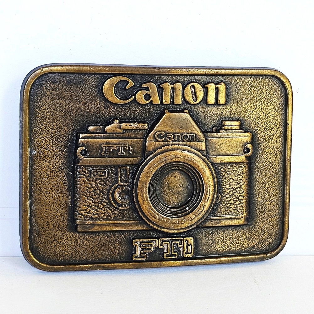 Vtg 70's Canon FTb Camera Belt Buckle Brass Tone Photography Accessory Retro 822